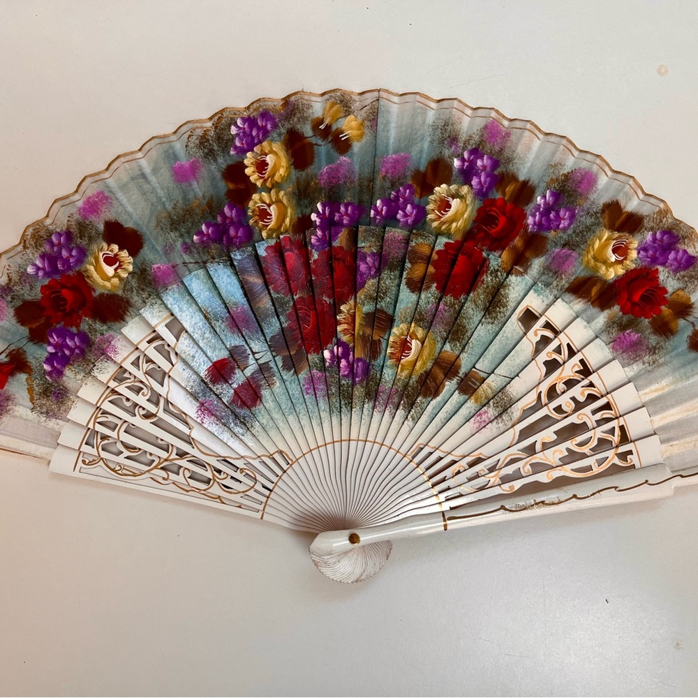 Floral Hand Fan with Red and Purple Blooms